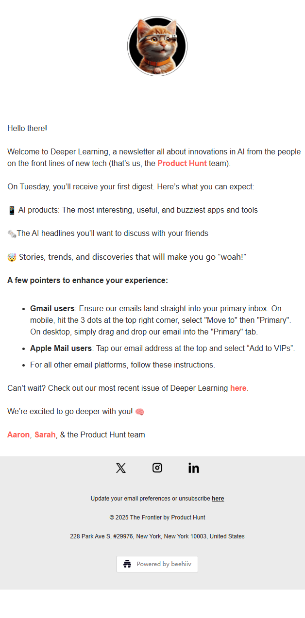 Product Hunt 欢迎邮件